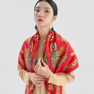 Silk scarf - Auspicious Phoenix and Propitious Clouds -95x95 cm